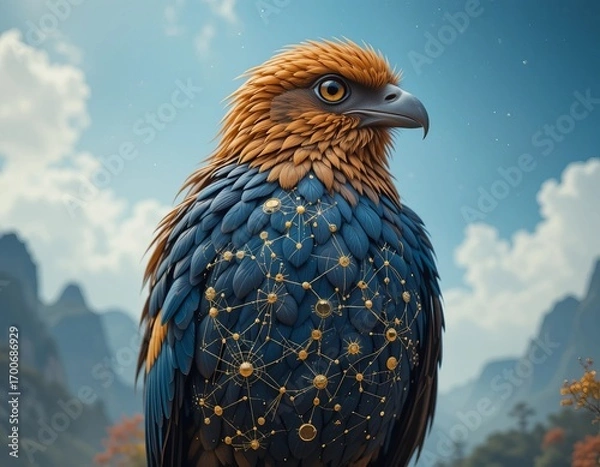 Fototapeta Majestic eagle with intricate celestial patterns on its chest, soaring above a serene mountain landscape.