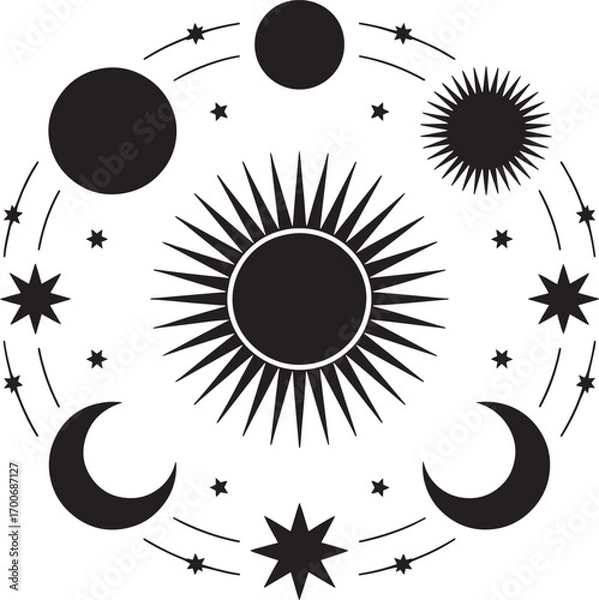 Obraz Sun and Moon Phases Design with Stars and Abstract Style Icon Art Graphic Element