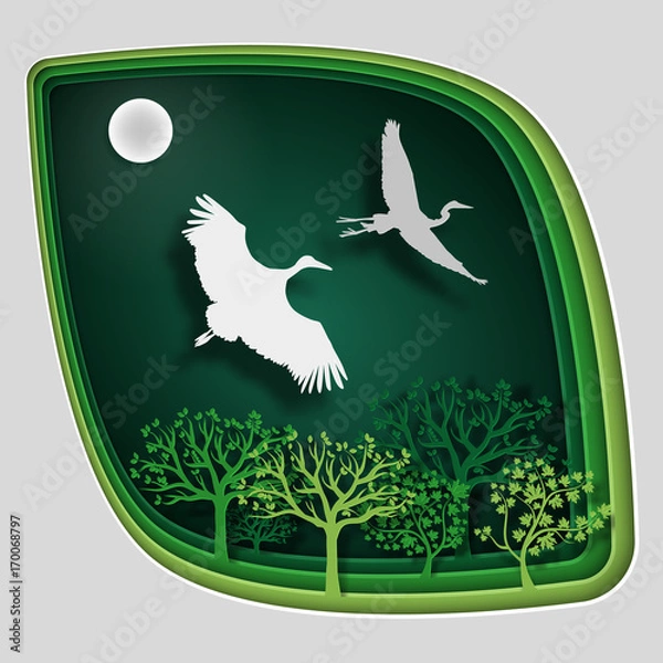 Fototapeta Paper art carve to bird on tree branch in forest at night, origami concept nature and animals idea, vector art and illustration.
