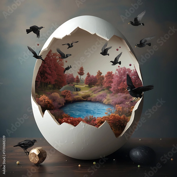Fototapeta The image depicts a surreal scene from an eerie, white Eierschale, revealing a colorful landscape with bordeaux-colored trees, shrubs, and plants. A small, blue pond is in the center, and the warm col