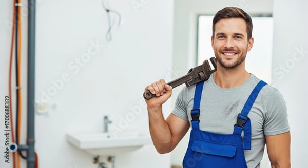 Fototapeta Plumber smiling confidently with pipe wrench in bathroom renovation. Skilled plumber ready for work. Happy plumber with tool shows professionalism and expertise.