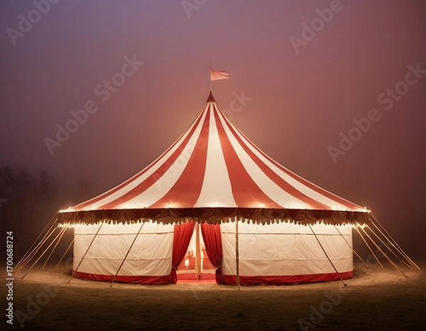 Fototapeta A red and white circus tent stands illuminated by dim lights in a foggy, eerie night. circus tent top view, circus tent illuminated at night