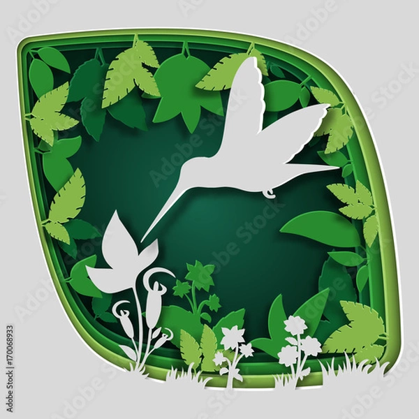 Fototapeta Paper art carve to bird on tree branch in forest at night, origami concept nature and animals idea, vector art and illustration.