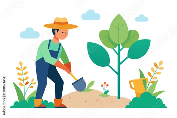Obraz Farmer planting a tree illustration with shovel and watering can in garden