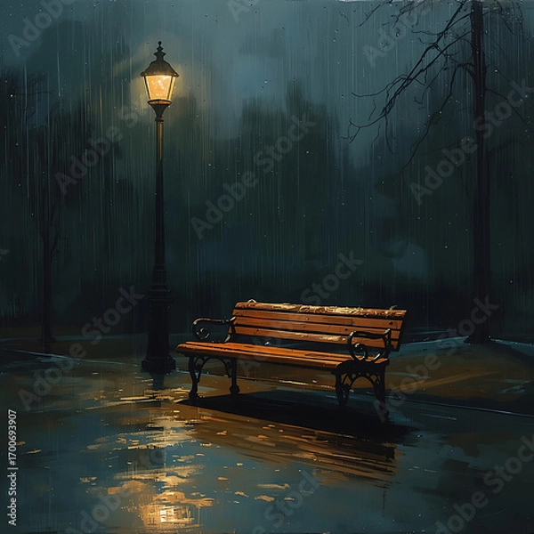 Fototapeta The painting depicts a melancholic, hopeful atmosphere with a melancholic, melancholic tone, featuring a solitary, weathered wooden park bench lit by a single lamppost, contrasting with the dark, mood