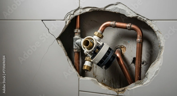 Fototapeta Plumbing problem visible through hole in tiled wall reveals copper pipes. Hidden plumbing damage shows brass fittings, white plastic elements, and broken tiles, creating urgency.