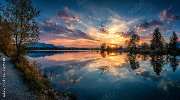 Fototapeta Panoramic view of vibrant sunset over calm lake with colorful sky and reflections