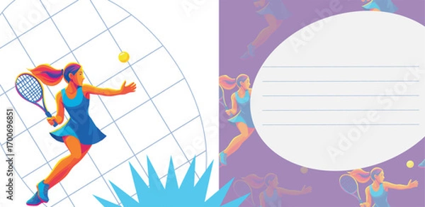 Fototapeta Sporty tennis template with dynamic background, female player in jump with racket, and free space for text. Perfect for posters, ads, tournaments, or presentations.