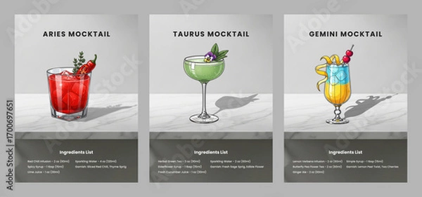 Fototapeta Modern Zodiac Mocktail Poster Set with Recipes - Aries, Taurus, and Gemini