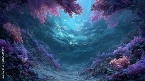 Fototapeta Surreal underwater heart shape glowing in deep ocean dreamscape with ethereal light