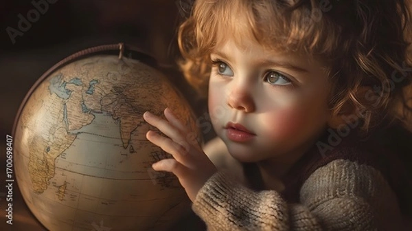 Obraz A Child's Curious Gaze at a World Map Globe