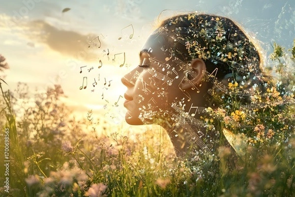 Obraz Meditative Woman with Musical Notes and Nature Double Exposure