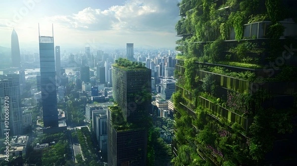 Obraz Future Urbanism: Eco-Friendly Cityscape with Green Towers