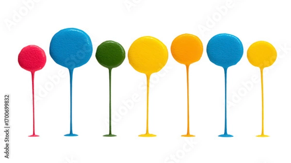 Fototapeta Colorful paint drops blue yellow green red round shapes creative isolated on white playful artistic abstract vibrant cheerful modern art