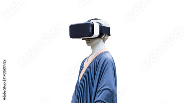 Fototapeta Ancient statue virtual reality headset blue robe technology modern digital isolated creative surreal innovation. An ancient statue wearing virtual reality headset blending classical art with