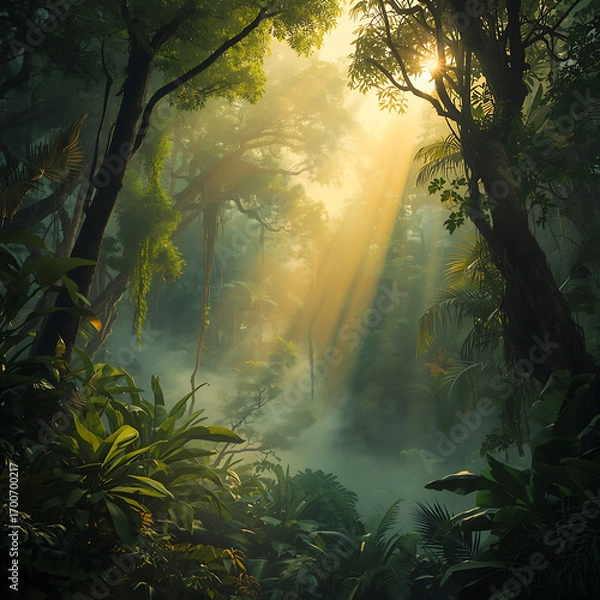 Fototapeta The scene depicts a vibrant rainforest canopy illuminated by warm morning light, with exotic plants and towering trees. The mist swirls through the lush green foliage, casting dappled shadows and crea