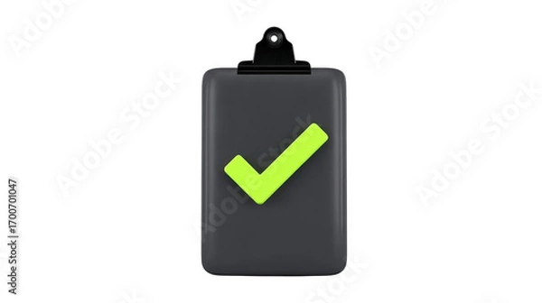 Fototapeta Black clipboard green check mark approval completed task minimal isolated office supply success symbol positive