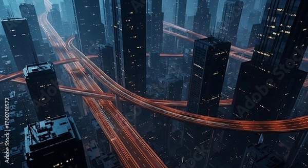 Fototapeta Futuristic Cityscape with Neon Highways and Falling Snow