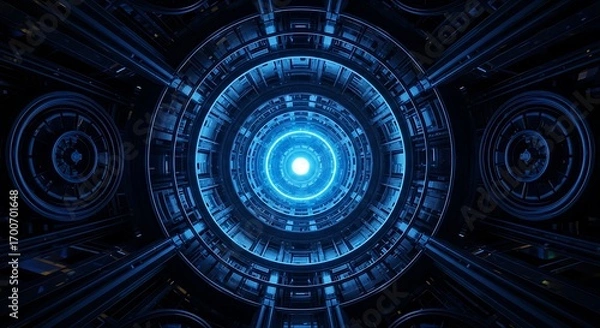 Fototapeta Abstract Futuristic Neon Blue Energy Core Tunnel Gateway Motion Background Loop