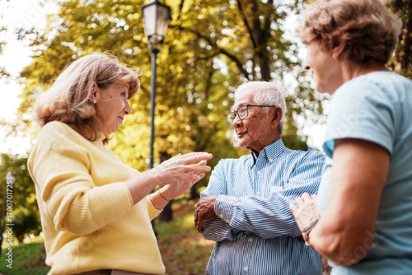 Fototapeta Engaging and enjoyable conversations among seniors taking place in a beautiful park setting