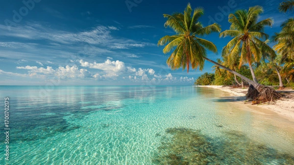 Fototapeta Tropical beach with palm trees and turquoise ocean under a bright blue sky