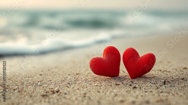 Fototapeta Two red hearts on sandy beach with ocean waves in background