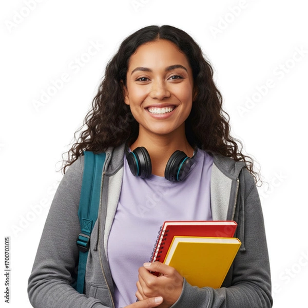 Fototapeta Smiling student portrait showcasing academic enthusiasm and backpack with transparent aura