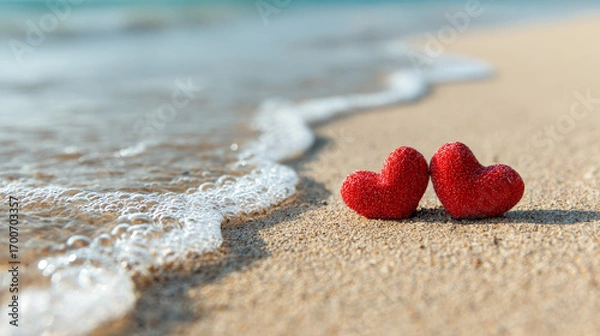 Fototapeta Two red hearts on sandy beach with ocean waves in background