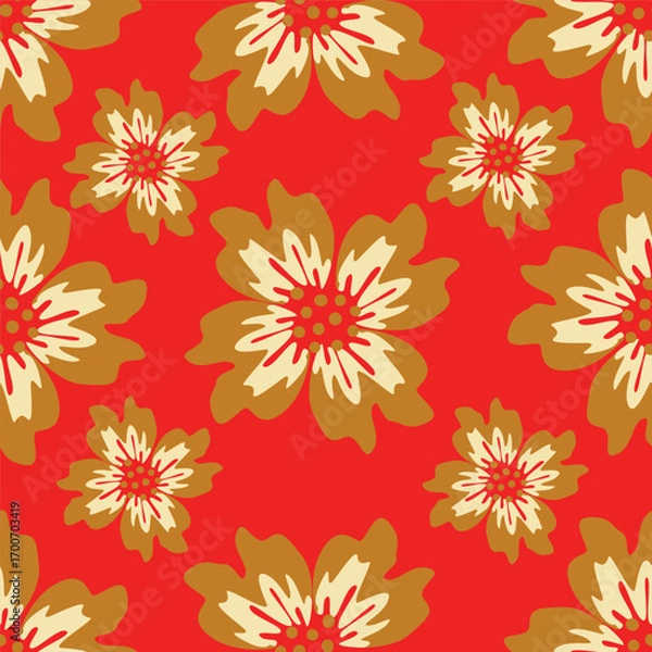 Fototapeta Elegant seamless floral pattern with fall flowers. Repeatable botanical background. Flat vector illustration.