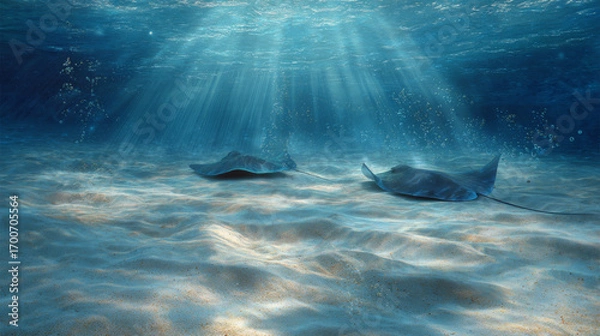 Fototapeta Underwater scene with sun rays filtering through clear water onto sandy ocean floor