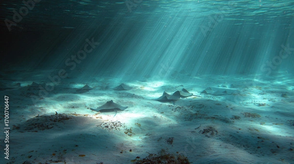 Fototapeta Underwater scene with sun rays filtering through clear water onto sandy ocean floor