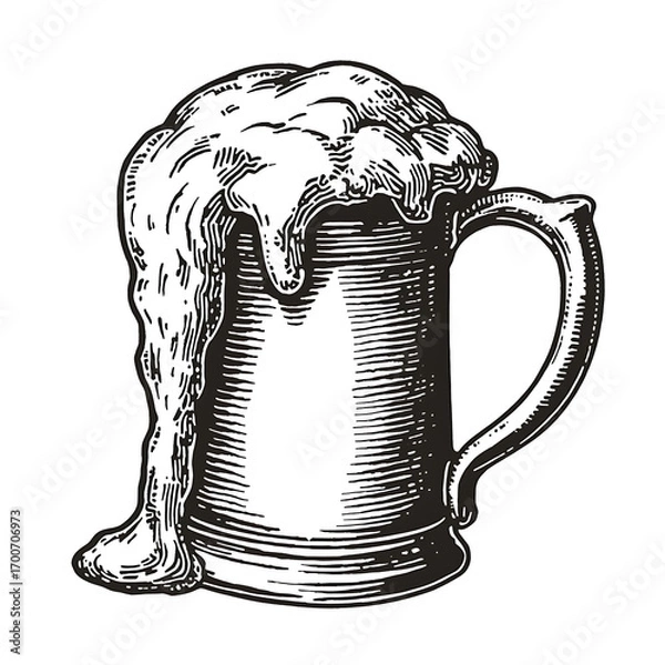 Fototapeta Black and white vector illustration of a medieval beer mug, slightly tilted to the left. The mug is filled with abundant foam, overflowing and spilling down the left side. Engraving-style, clean lines