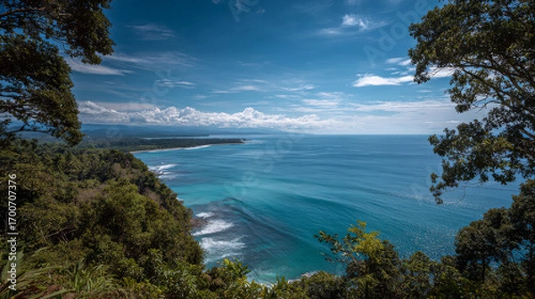 Fototapeta "Ocean view from elevated point with clear blue sky and calm sea in the background