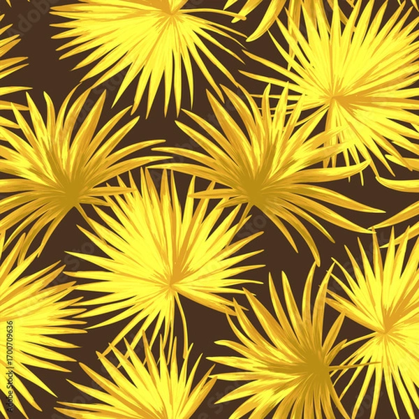 Fototapeta Exotic tropical vector background with Hawaiian brown plants and flowers. Seamless indigo tropical pattern with  palm leaves.