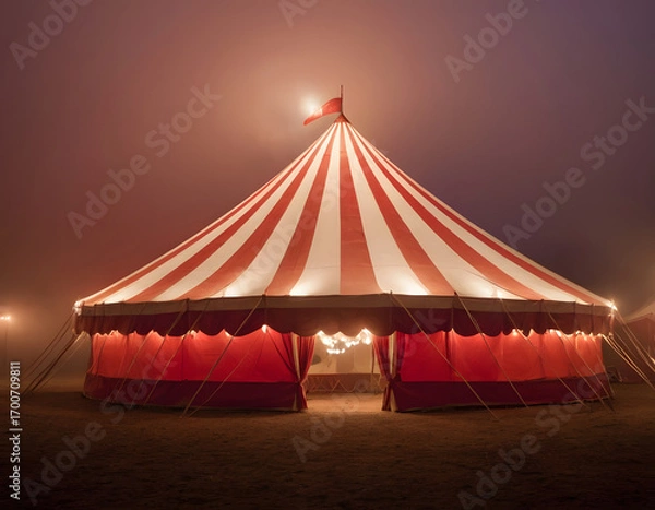 Fototapeta A red and white circus tent stands illuminated by dim lights in a foggy, eerie night. circus tent top view, circus tent illuminated at night