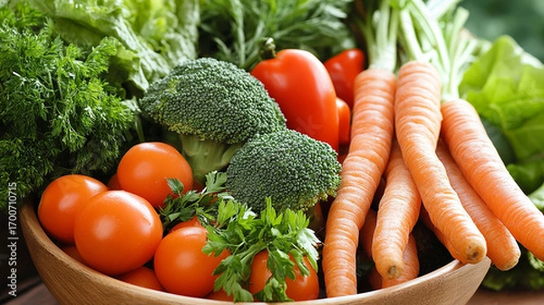 Fototapeta Fresh Harvest: A vibrant collection of crisp, fresh vegetables, overflowing from a rustic wooden bowl, showcasing nature's bounty and a cornucopia of healthy ingredients.