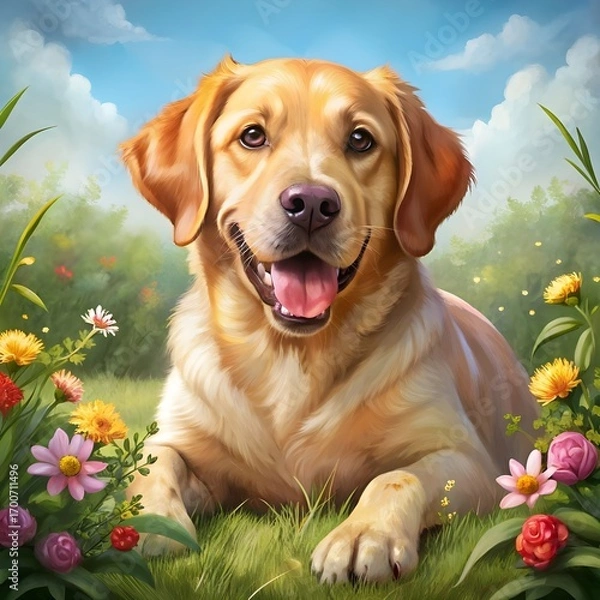 Fototapeta the cute dog is lying on the grass playing with flowers