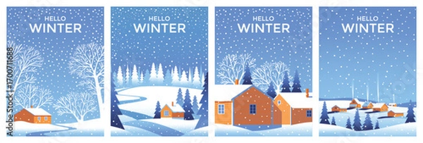 Obraz Vector Set of 4 winter season landscapes. Snow covered trees in the first plan and houses on the edge of the forest under the snow in the background. Trendy handmade drawing vector illustration.