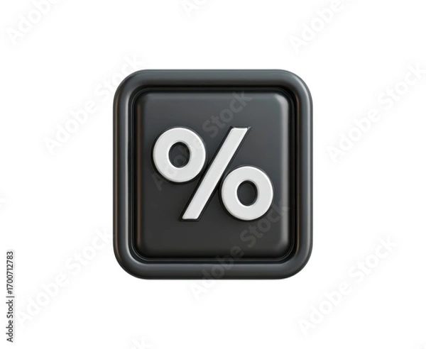 Fototapeta 3d black square icon with silver percentage symbol on transparent background, PNG