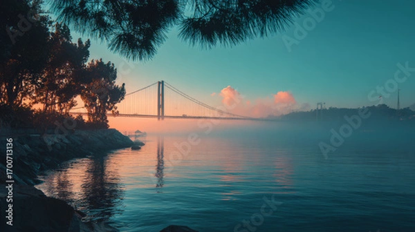 Fototapeta Soothing view of a bridge spanning across calm water at sunset
