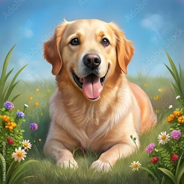 Fototapeta the cute dog is lying on the grass playing with flowers