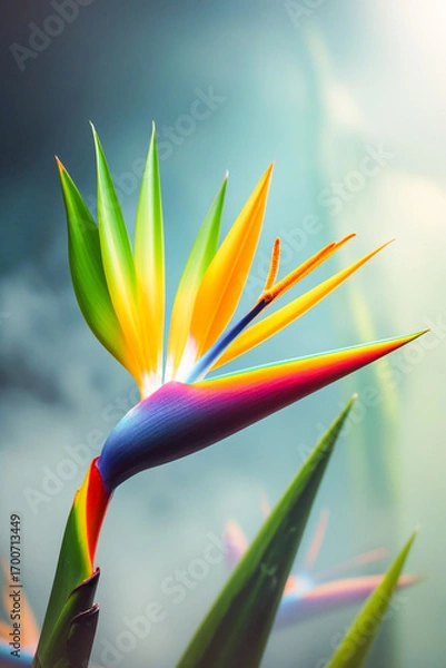 Fototapeta Bird of Paradise Flower Glowing in Neon Purple and Orange