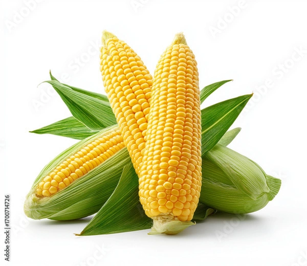 Obraz A photograph of fresh yellow corn cobs with green leaves, isolated on a white background, in a studio setting.

