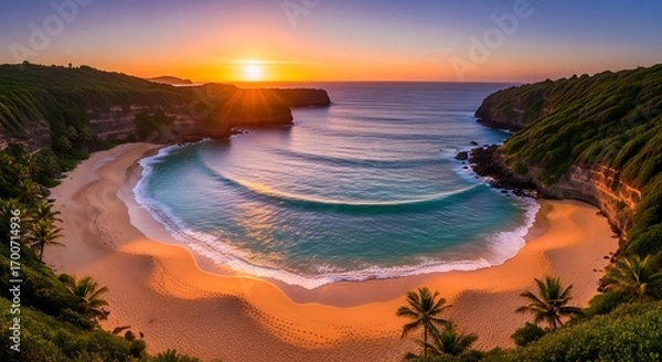 Fototapeta Beautiful Tropical Beach Sunset with Palm Trees and Ocean Waves.