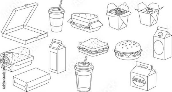 Fototapeta Fast food packaging vector, takeout containers, pizza box, burger, sandwich, drink cup, line art, cad drawing flat vector illustration