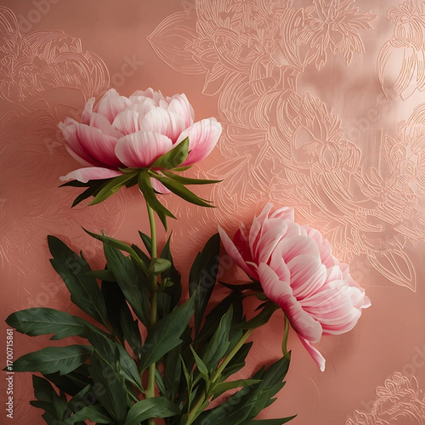 Fototapeta The photo features a surreal, vibrant cinematic scene with oil paint artwork, realistic peonies, and lush green leaves, blending surreal photography and photorealistic elements for a visually engaging