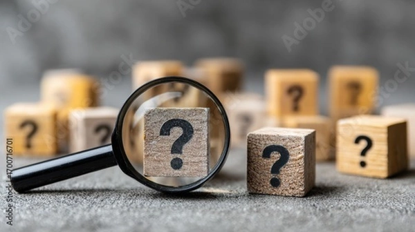 Fototapeta Premium photo of identifying and understanding issues through root cause analysis using a magnifying glass on wooden cubes with question marks on a grey background.