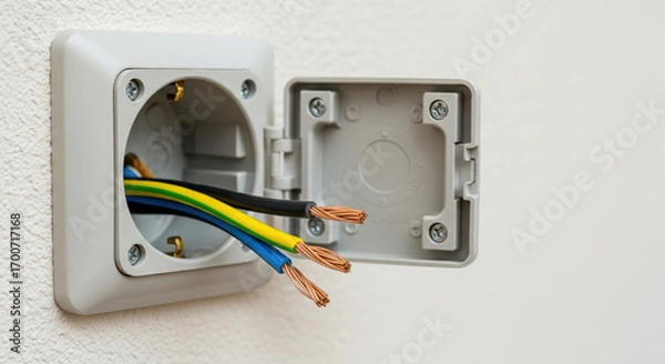 Fototapeta Electrical wiring shows three bare wires inside junction box, open electrics are visible. Electrical wiring is a potentially dangerous hazard, revealing exposed cables.