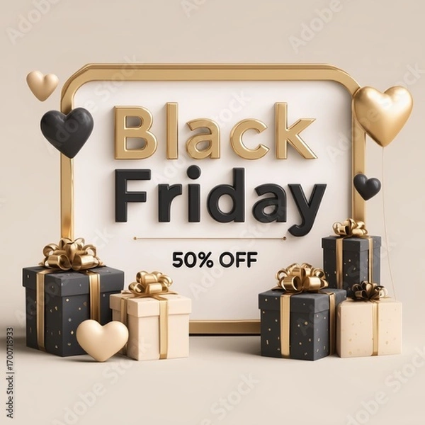 Fototapeta Black Friday sale banner with text 50% OFF, gold design, light background, minimalist style, 3D rendered illustration