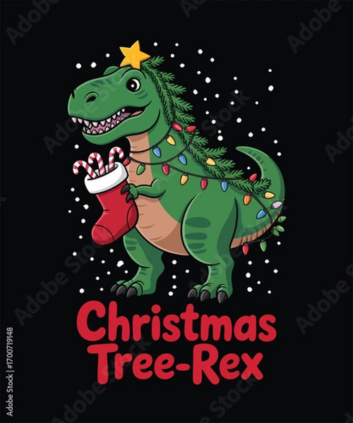 Fototapeta Green cartoon T- Rex dressed as Christmas tree with stocking